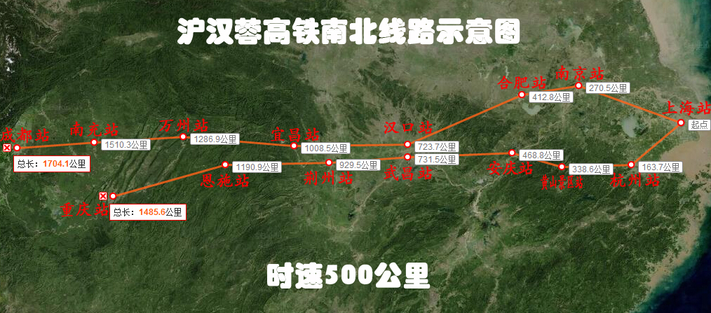 新建沪汉蓉高铁南北线路示意图