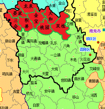 69 南充岷江片方言的分布地图  南充岷江片主要分布在嘉陵区西北