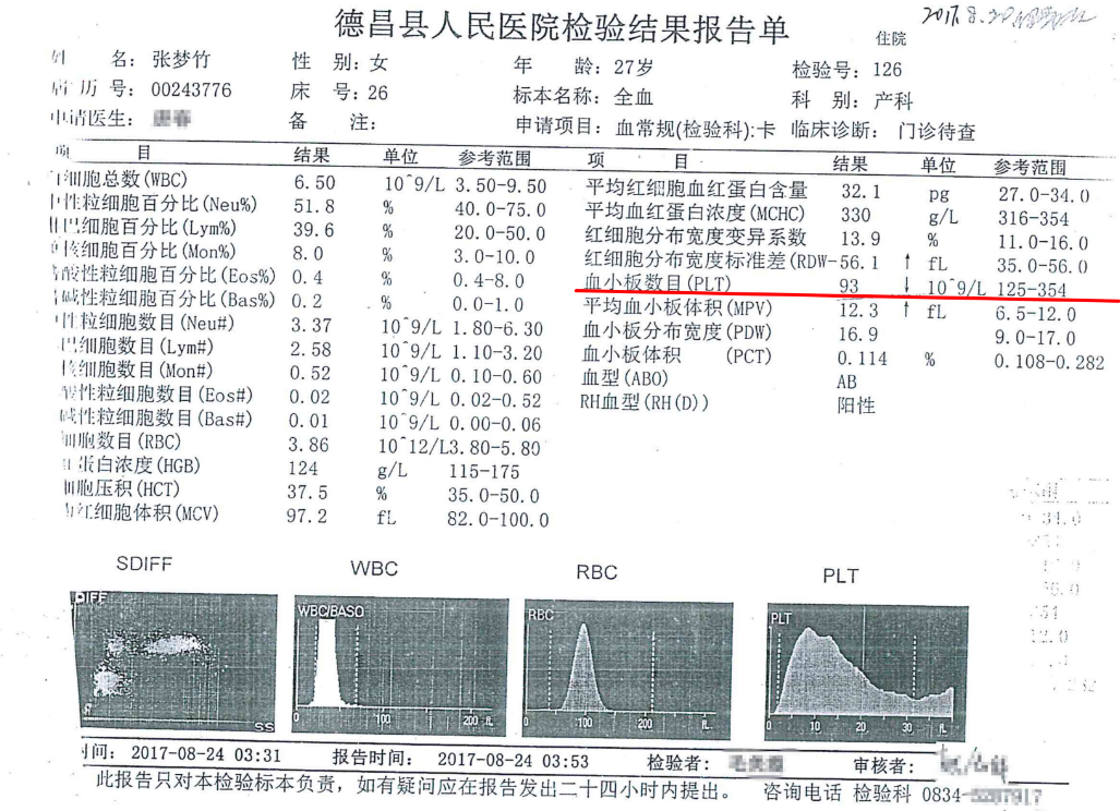 入院血常规报告显示产妇血小板偏低