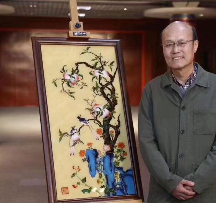 郭鸣大师双国礼作品秋桃绶带景泰蓝珐琅画装饰品