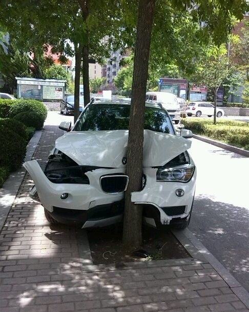 刚给老婆买的车,还没挂牌就在小区里撞树了.