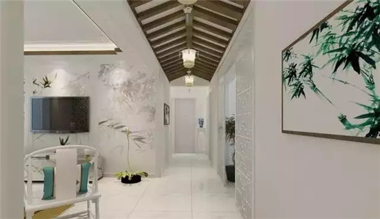 鱼骨形的木质吊顶,搭配白色家居,有点古道清风的味道.