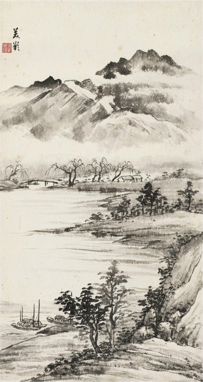 宋美龄的绘画风格和其老师有类似之处,山水画构图妥贴,用笔精到,清逸