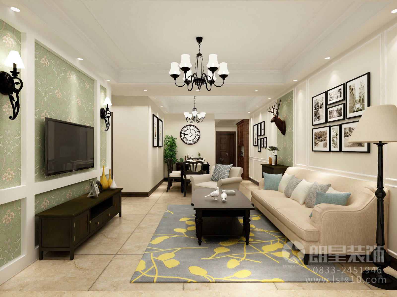 乐山装修,浪琴湾80平米小三室田园风格装修设