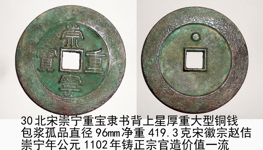 北宋崇宁重宝隶书[背上星]厚重大型铜钱包浆孤品