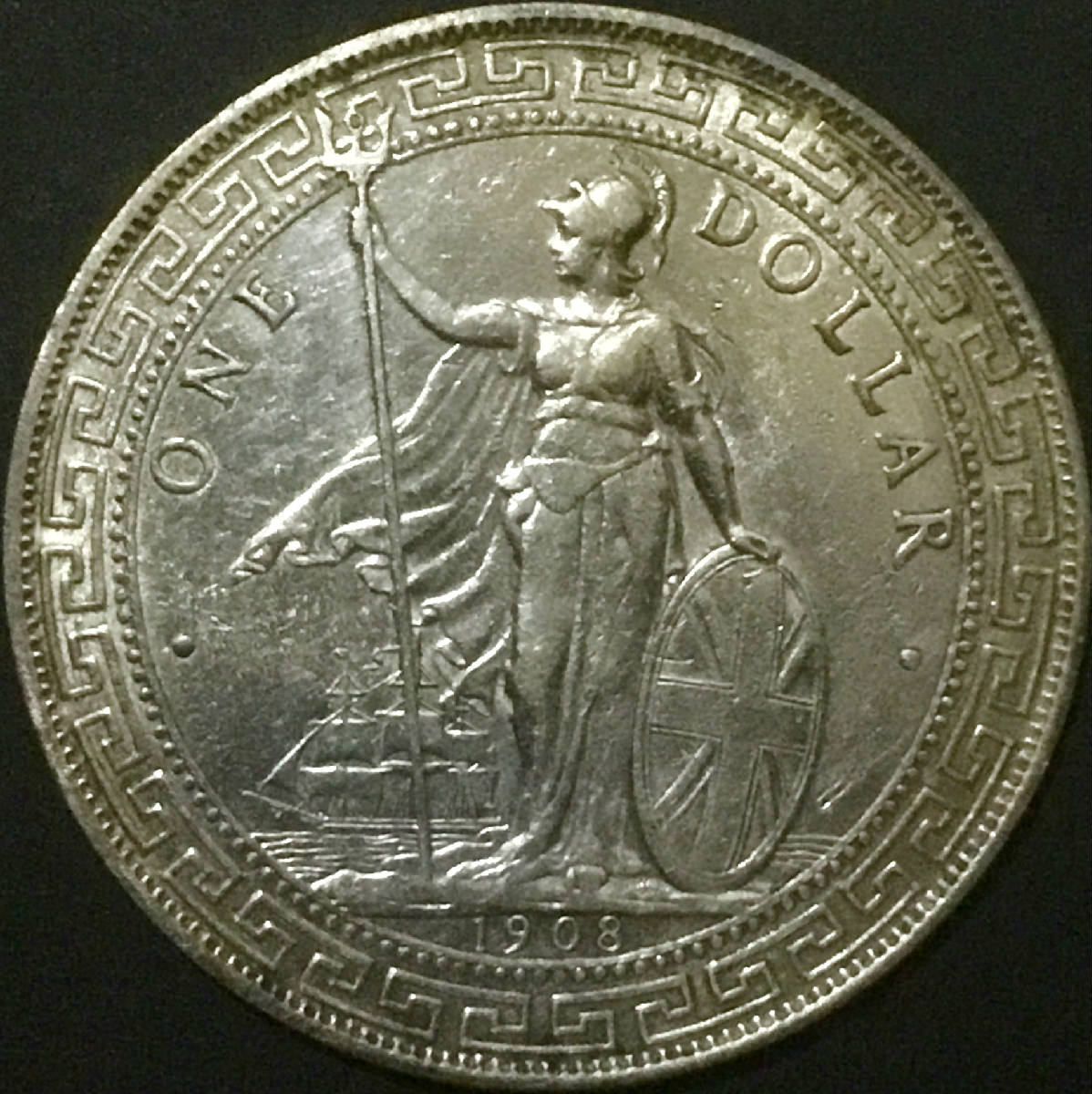 老英国贸易银元[孟买版]1908年站洋/港光美品名珍/直径39mm净重26.8克