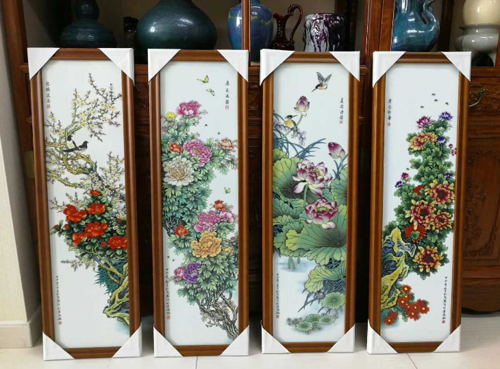 张松茂四季花卉粉彩瓷板画四条屏珍藏装饰画