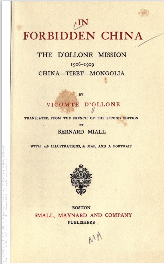 Ү³ѧͼݲءIn forbidden China. The D'Ollone mission 1906-1909; China.jpg