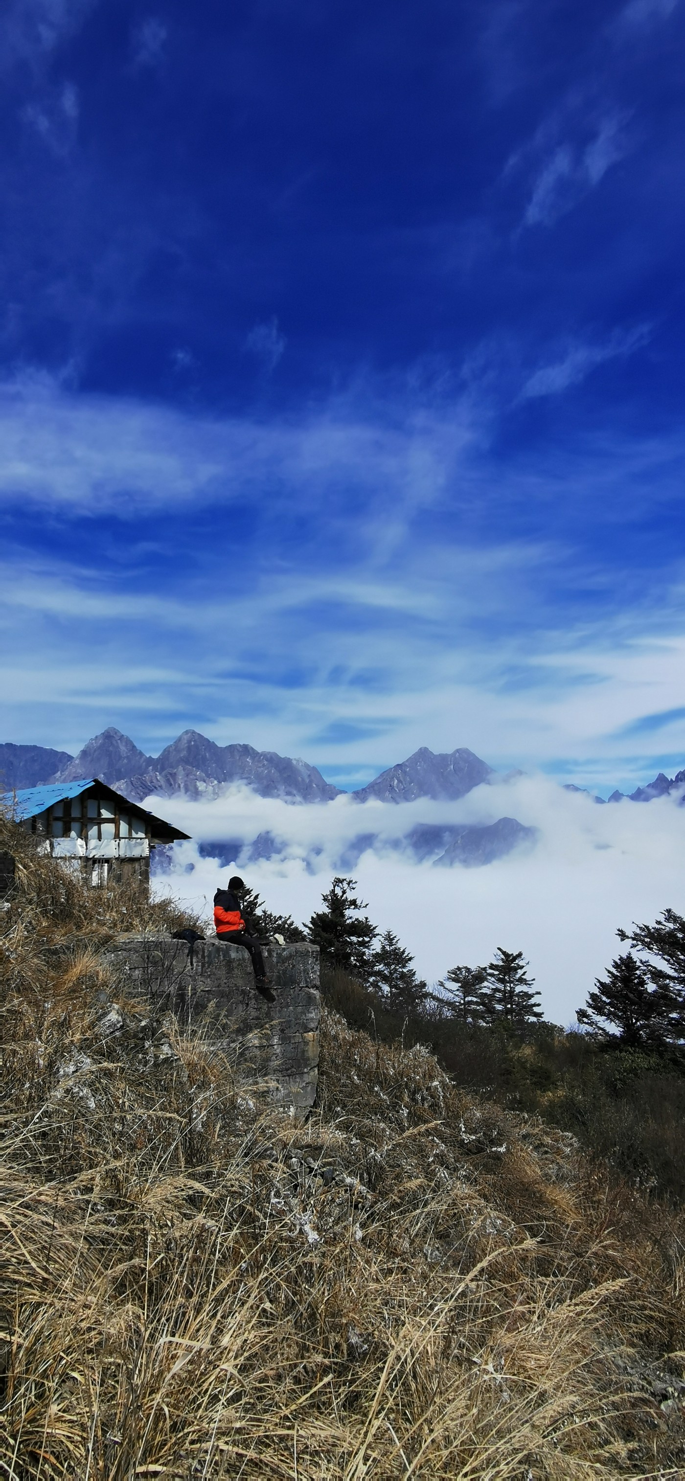 山里大雾迷茫山顶冬日暖阳彭州九峰山